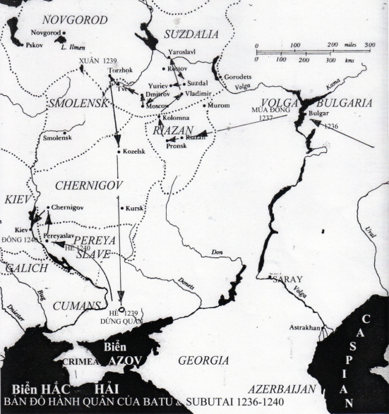 Bản đồ cuộc hành quân của Batu và Subutai