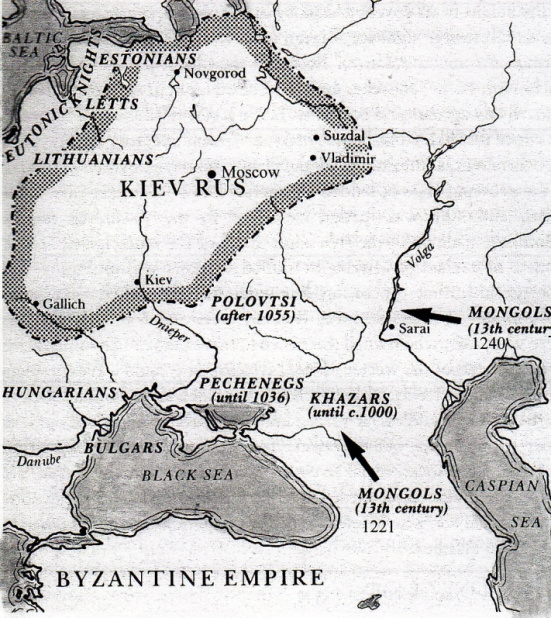 Bản đồ Nga ở thế kỉ XIII. (Sửa chữa lại từ bản đồ từ quyển “Russia and the USSR” Peter Neville)